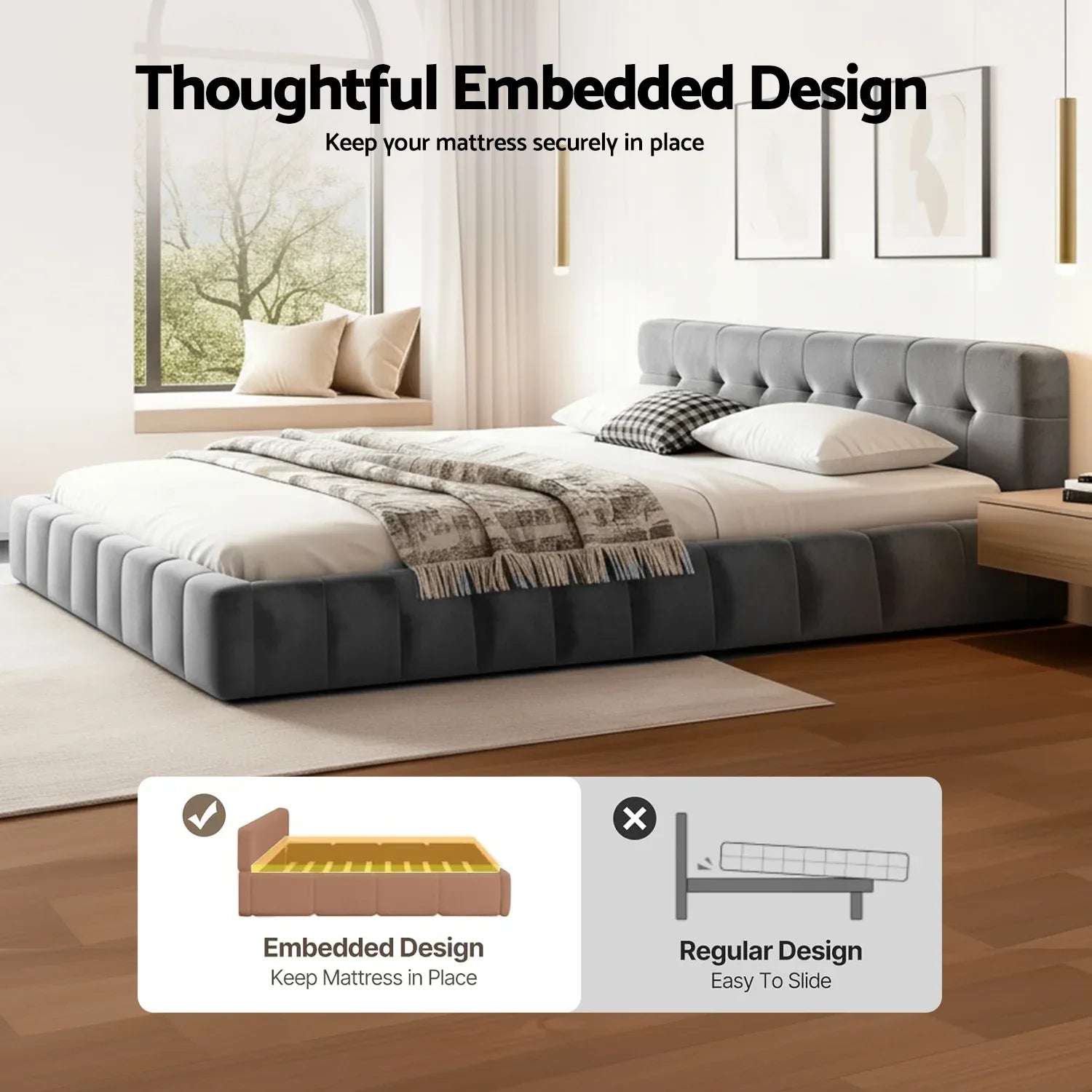Artiss Queen Size Bed Frame Plush Soft Headboard Velvet Platform Base for Modern Bedrooms Grey - Mekamart Australia