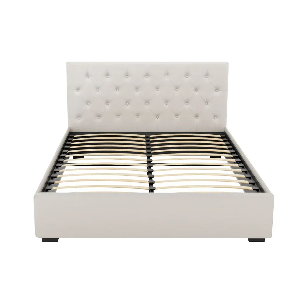 Artiss Bed Frame Queen Size Gas Lift Beige VILA - Mekamart Australia