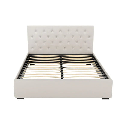 Artiss Bed Frame Queen Size Gas Lift Beige VILA - Mekamart Australia