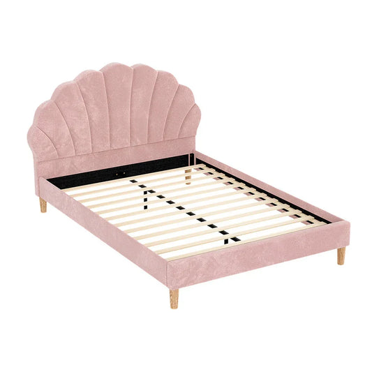 Artiss Bed Frame Double Size Scallop-Shape Bedhead Beds Base Pink Velvet Fabric - Mekamart Australia