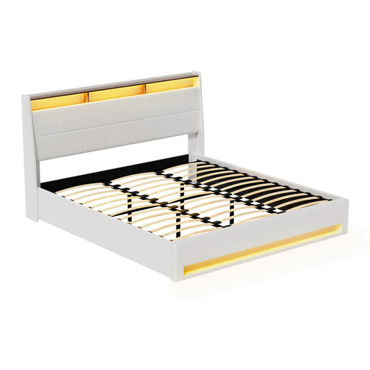 Artiss Bed Frame Gas Lift LED Beds Base Platform White PVC Leather Storage Headboard - King - Mekamart Australia
