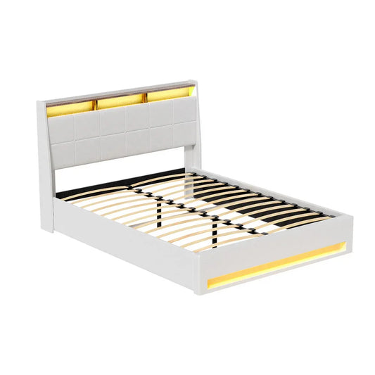 Artiss Bed Frame Gas Lift LED Beds Base Platform White PVC Leather Storage Headboard - Queen - Mekamart Australia
