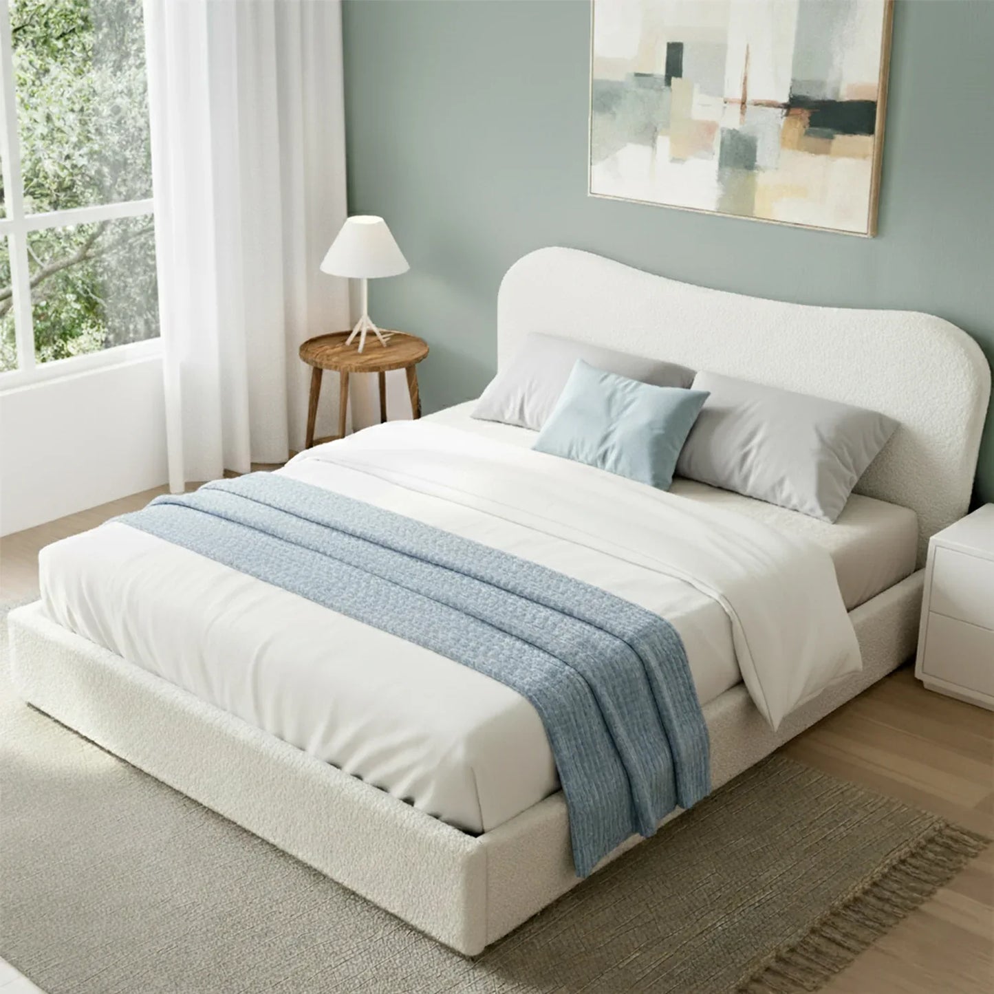 Artiss Double Bed Frame with Gaslift Storage Wooden Platform Mattress Base Boucle Upholstered White - Mekamart Australia
