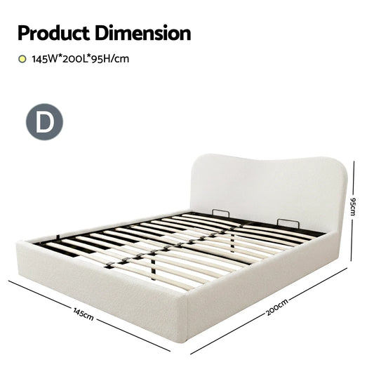 Artiss Double Bed Frame with Gaslift Storage Wooden Platform Mattress Base Boucle Upholstered White - Mekamart Australia