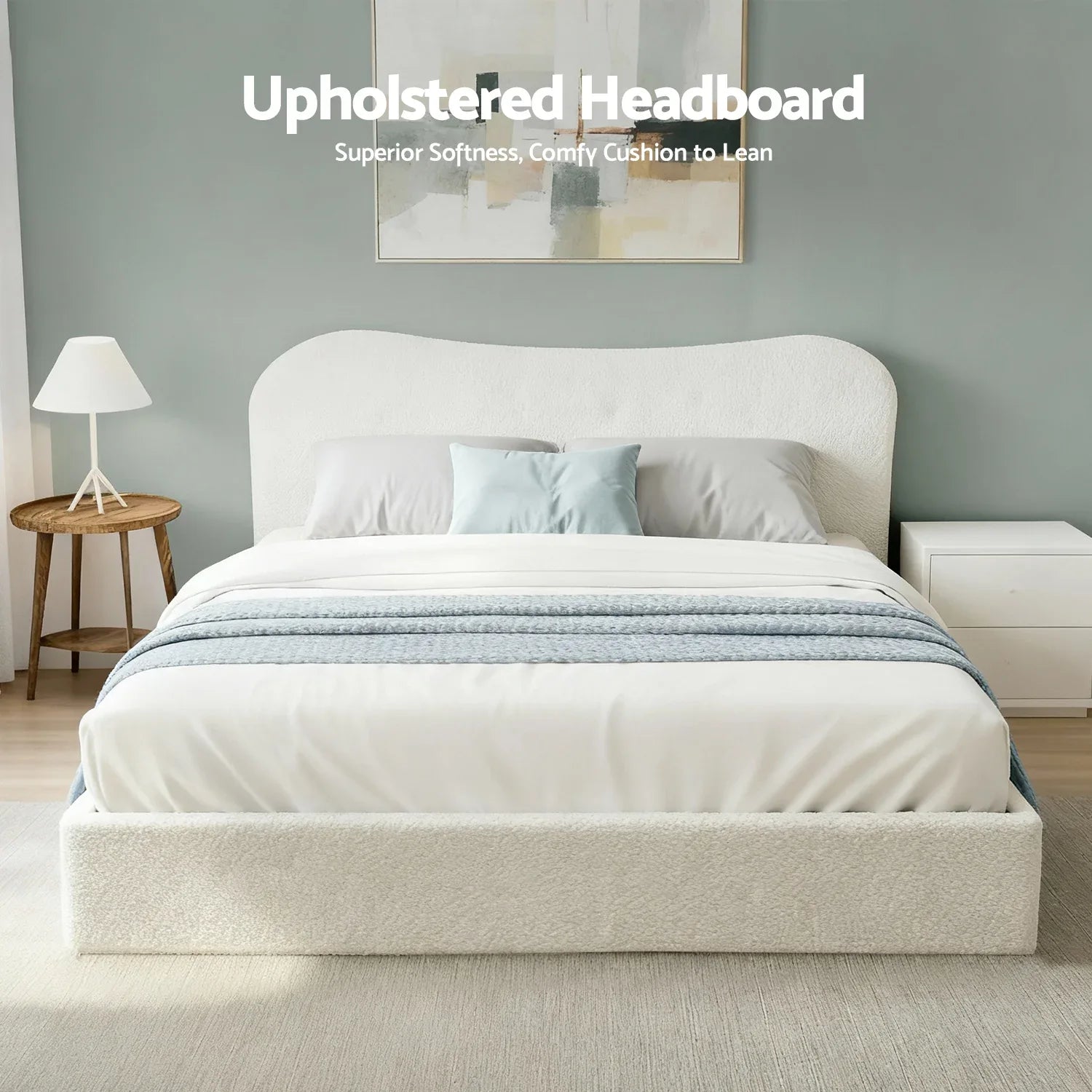 Artiss Double Bed Frame with Gaslift Storage Wooden Platform Mattress Base Boucle Upholstered White - Mekamart Australia
