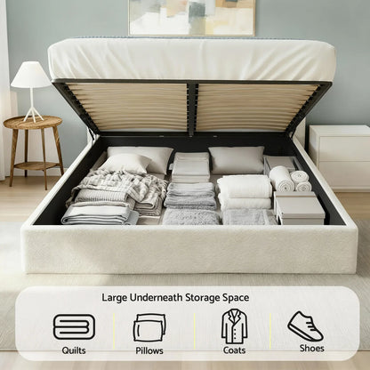 Artiss Double Bed Frame with Gaslift Storage Wooden Platform Mattress Base Boucle Upholstered White - Mekamart Australia