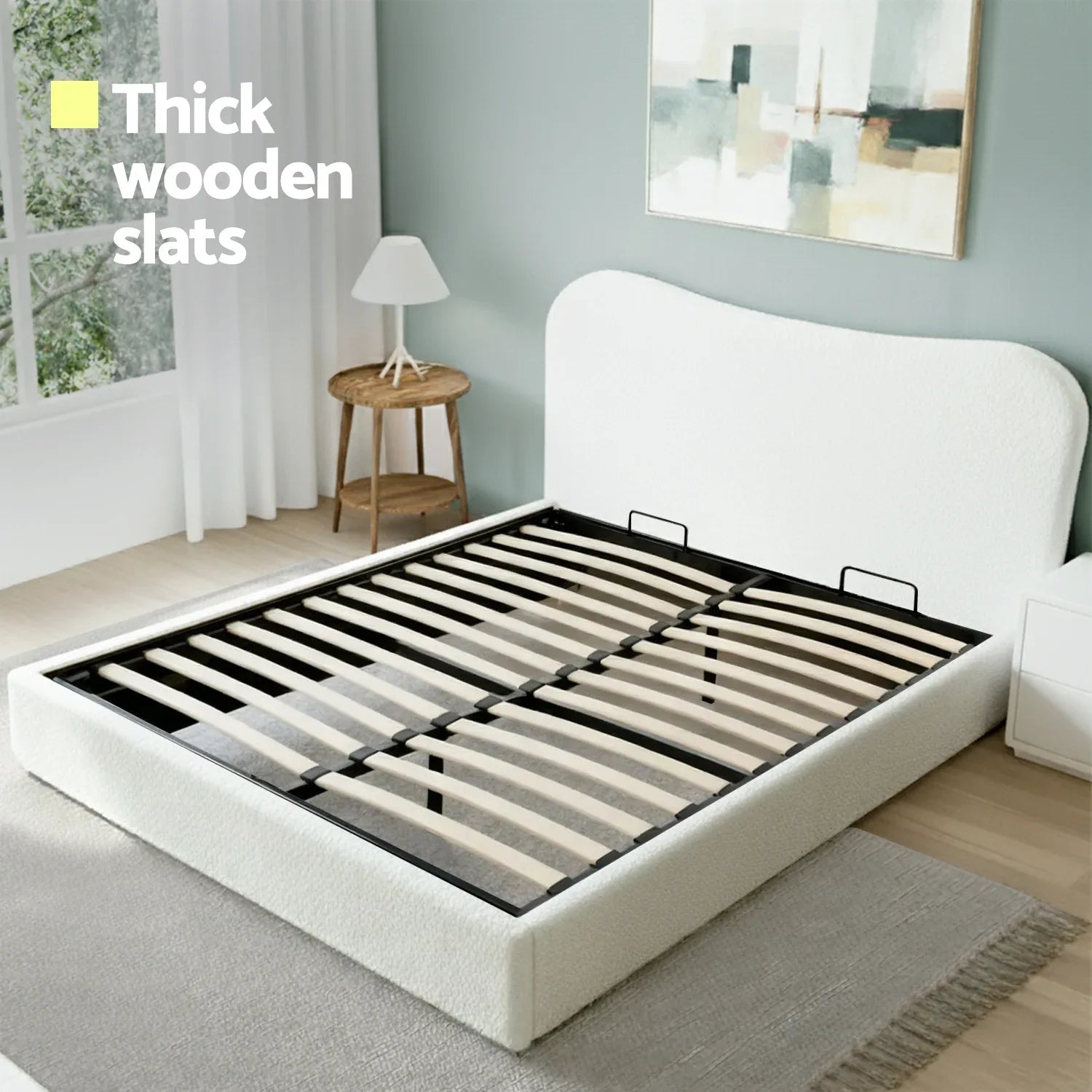Artiss Double Bed Frame with Gaslift Storage Wooden Platform Mattress Base Boucle Upholstered White - Mekamart Australia