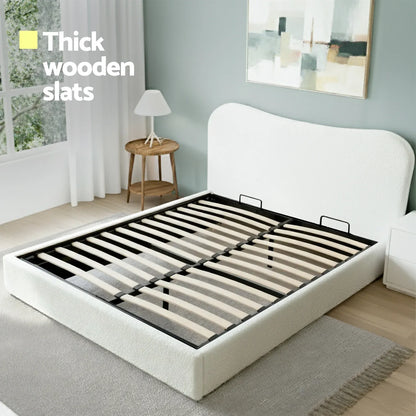 Artiss Double Bed Frame with Gaslift Storage Wooden Platform Mattress Base Boucle Upholstered White - Mekamart Australia