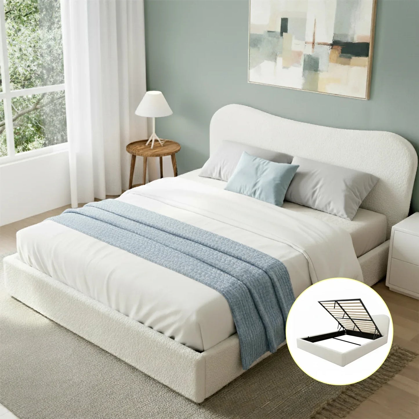 Artiss Double Bed Frame with Gaslift Storage Wooden Platform Mattress Base Boucle Upholstered White - Mekamart Australia