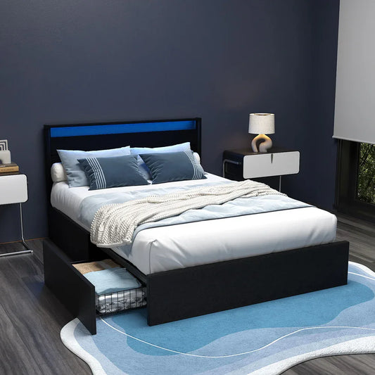 Artiss Bed Frame Double Size LED with 4 Drawers Black DUNN - Mekamart Australia