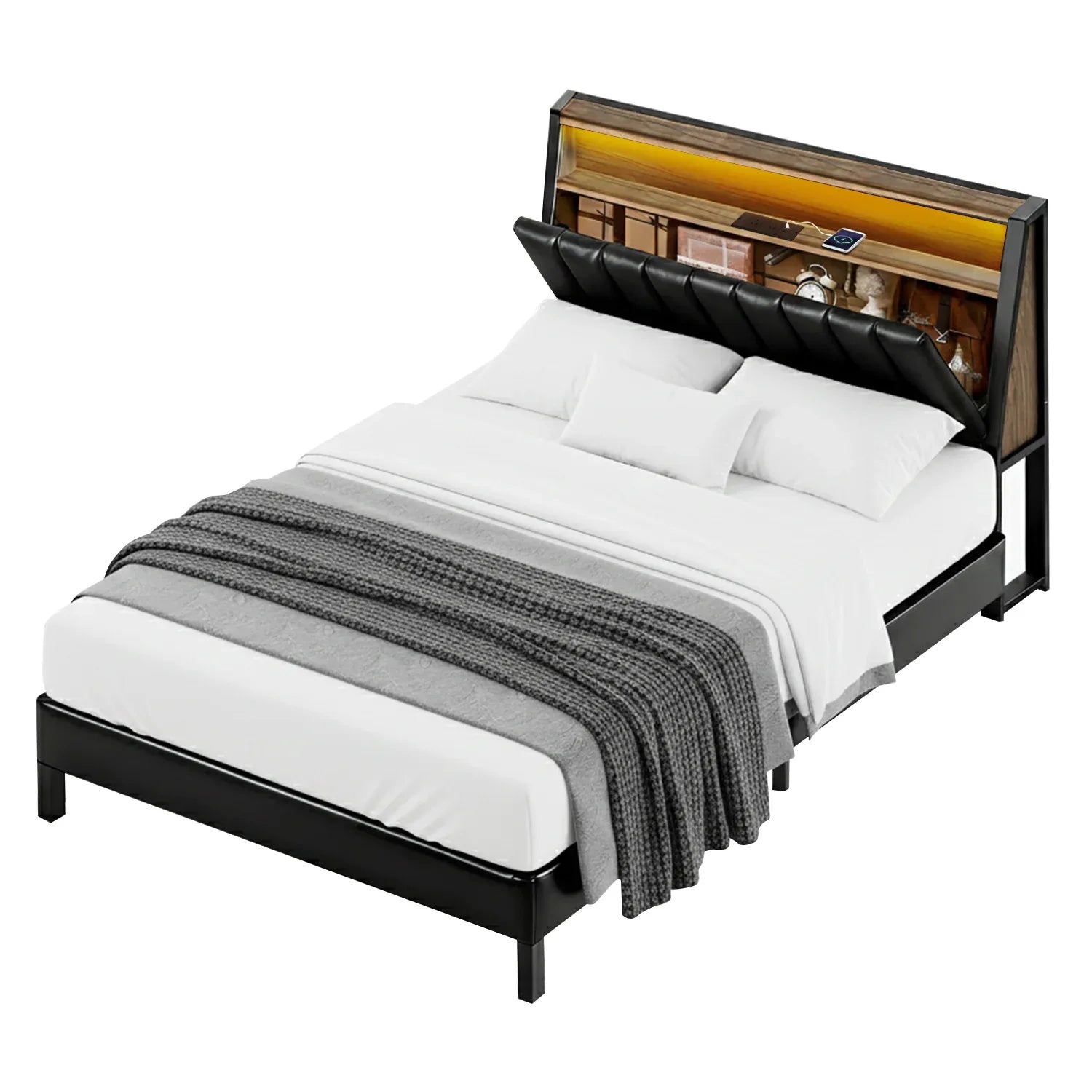 Artiss Double Bed Frame LED Storage Headboard with Charging Station Black - Mekamart Australia