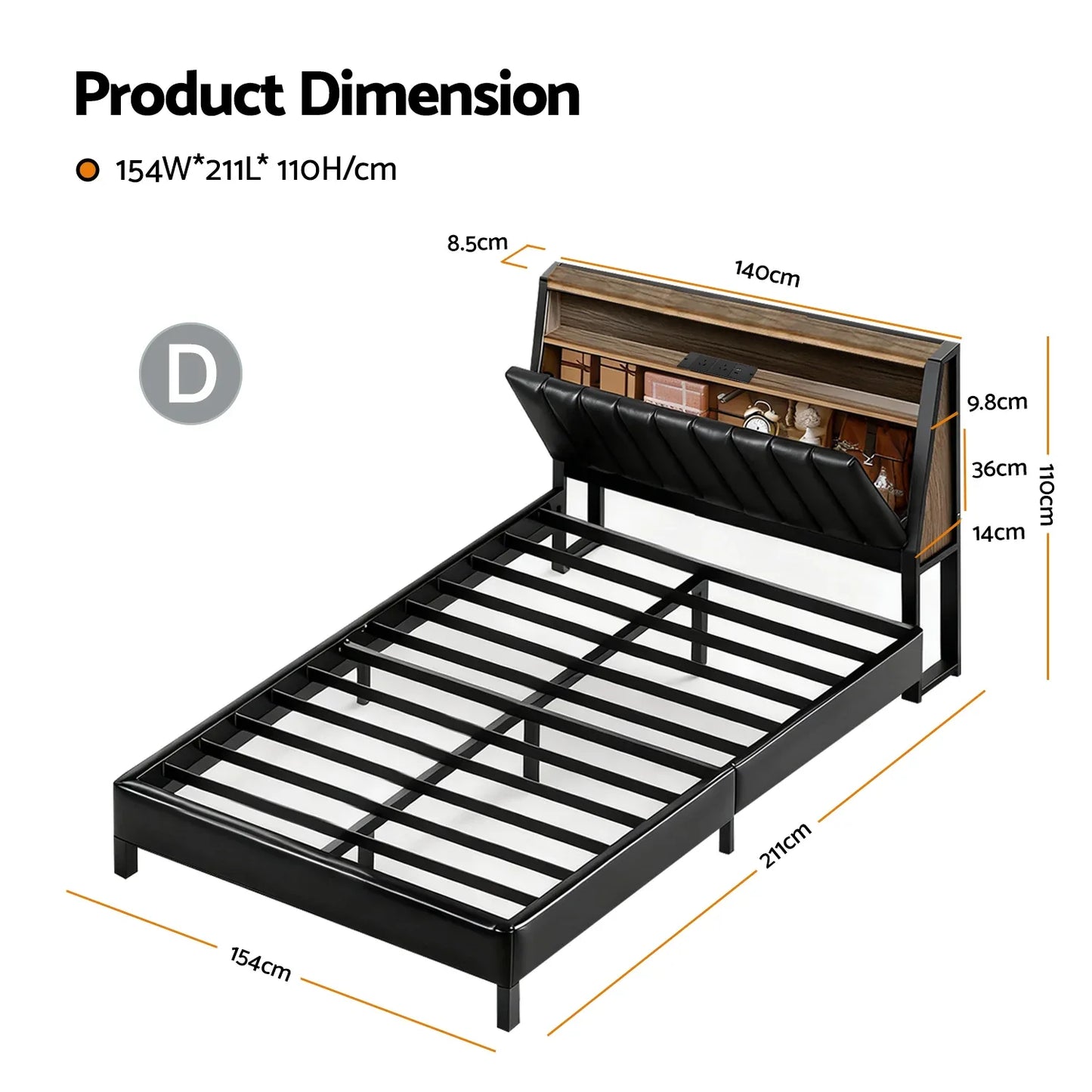 Artiss Double Bed Frame LED Storage Headboard with Charging Station Black - Mekamart Australia