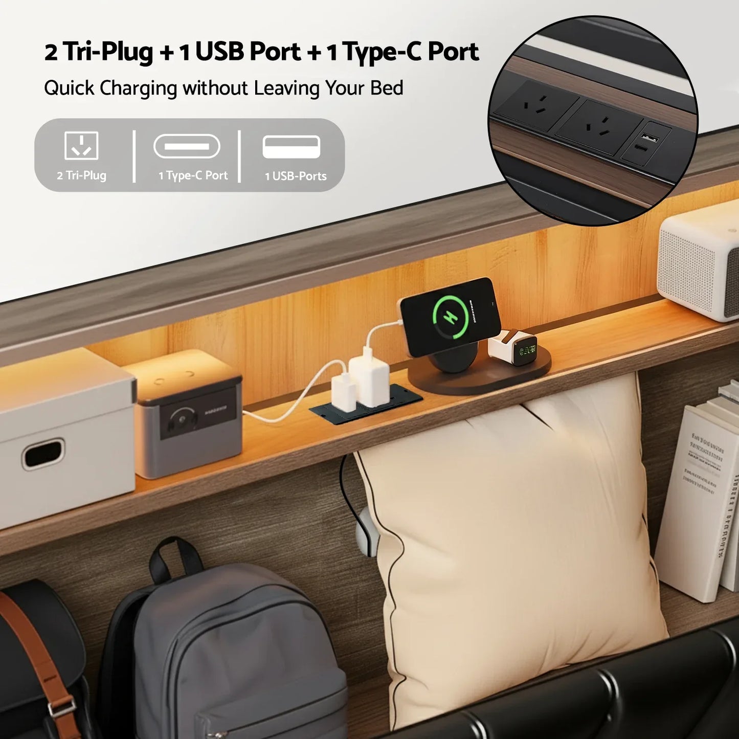 Artiss Double Bed Frame LED Storage Headboard with Charging Station Black - Mekamart Australia