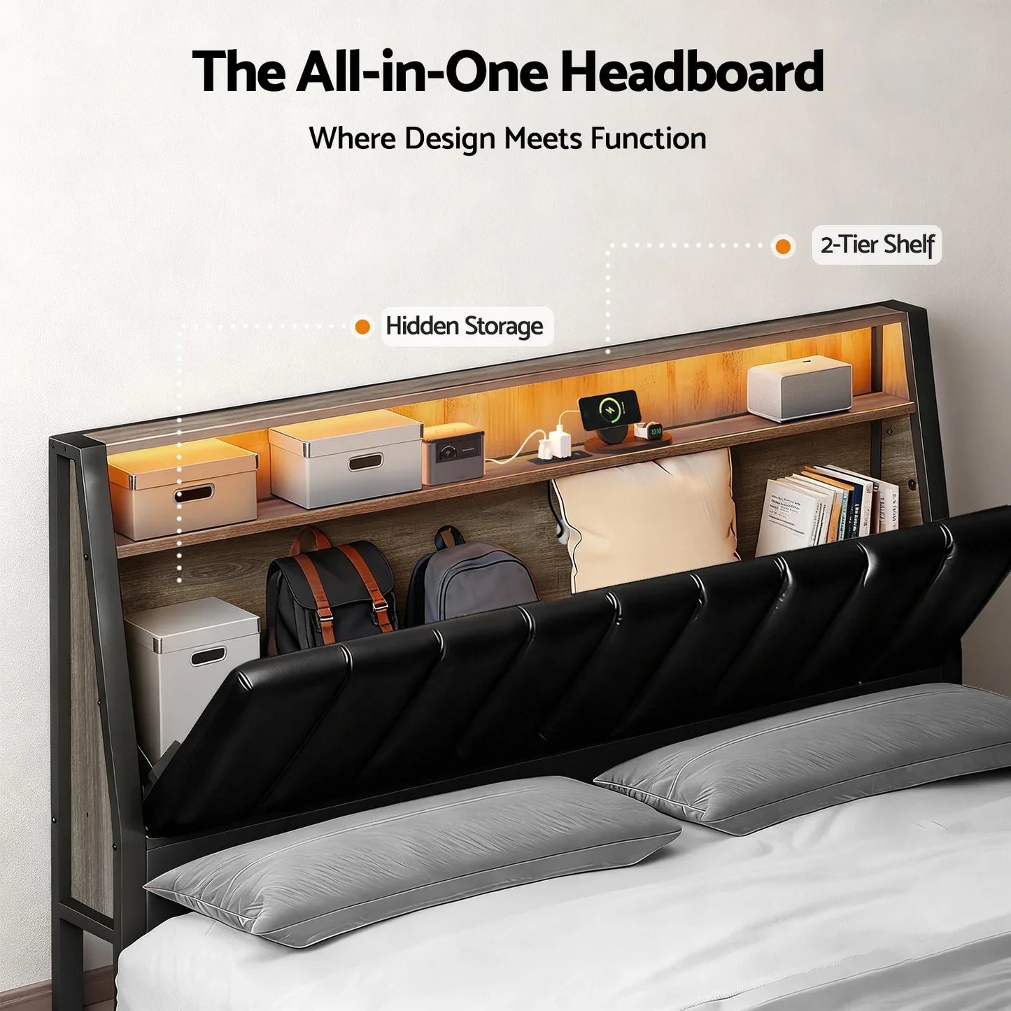 Artiss Double Bed Frame LED Storage Headboard with Charging Station Black - Mekamart Australia