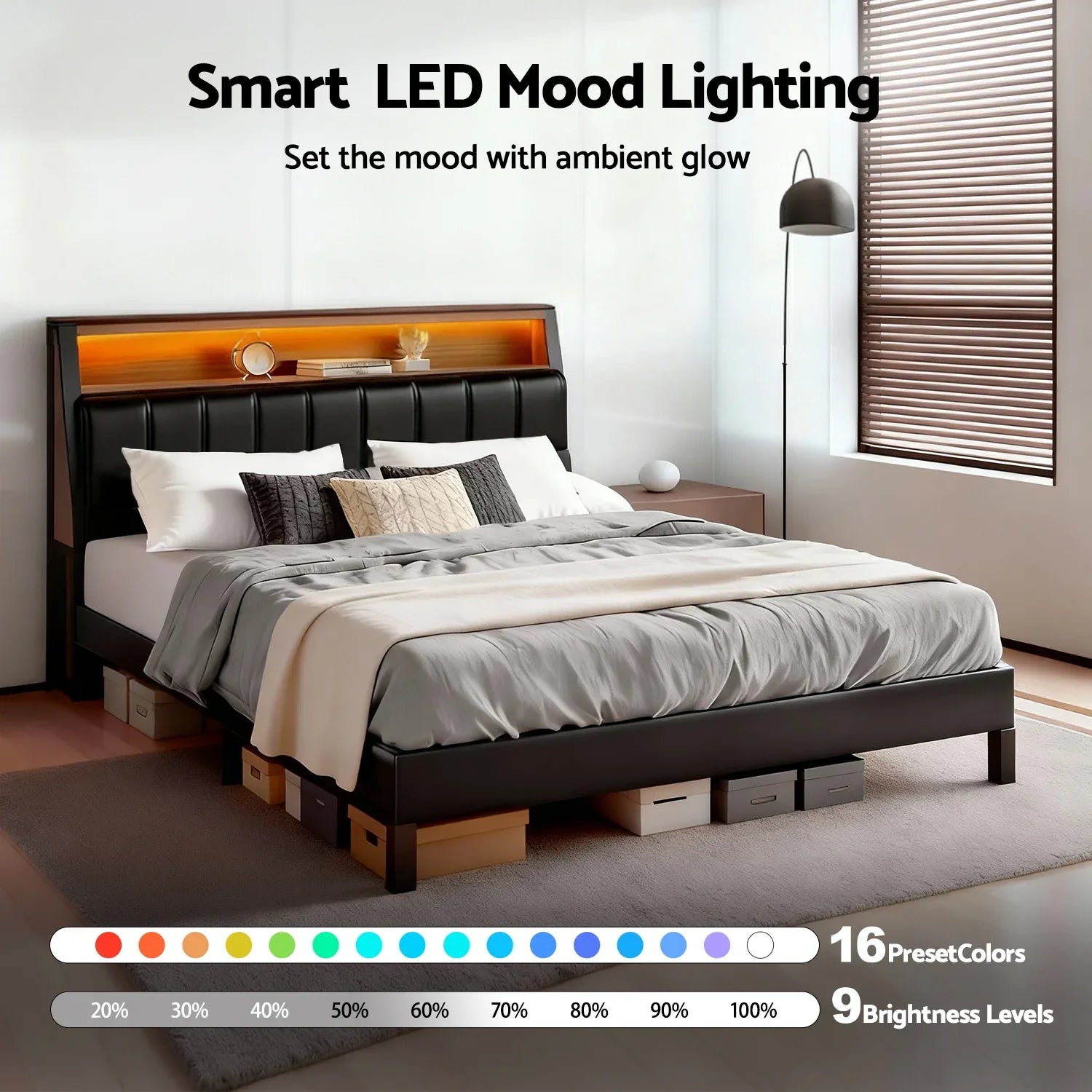 Artiss Double Bed Frame LED Storage Headboard with Charging Station Black - Mekamart Australia