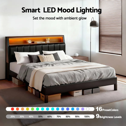 Artiss Double Bed Frame LED Storage Headboard with Charging Station Black - Mekamart Australia