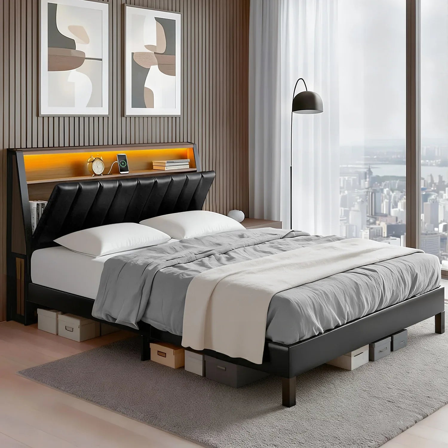 Artiss Double Bed Frame LED Storage Headboard with Charging Station Black - Mekamart Australia