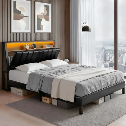 Artiss Double Bed Frame LED Storage Headboard with Charging Station Black - Mekamart Australia