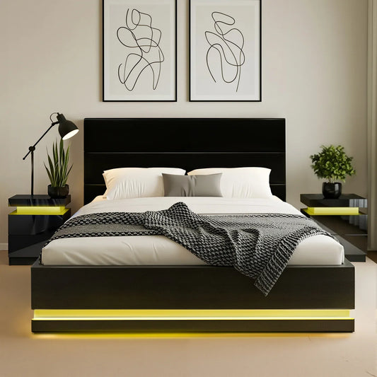 Artiss RGB LED Queen Bed Frame with 2 Beside Tables Set 16 Colour Mood Lighting - Mekamart Australia