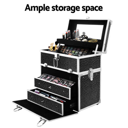 Embellir Portable Cosmetic Beauty Makeup Carry Case with Mirror - Crocodile Black - Mekamart Australia