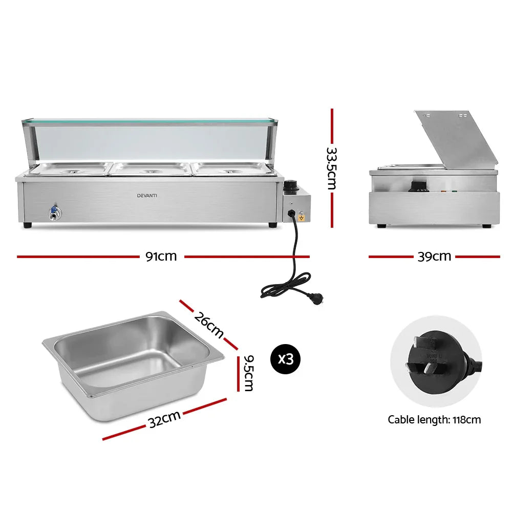 Devanti Commercial Food Warmer Bain Marie 3 Electric Buffet Pans - Mekamart Australia