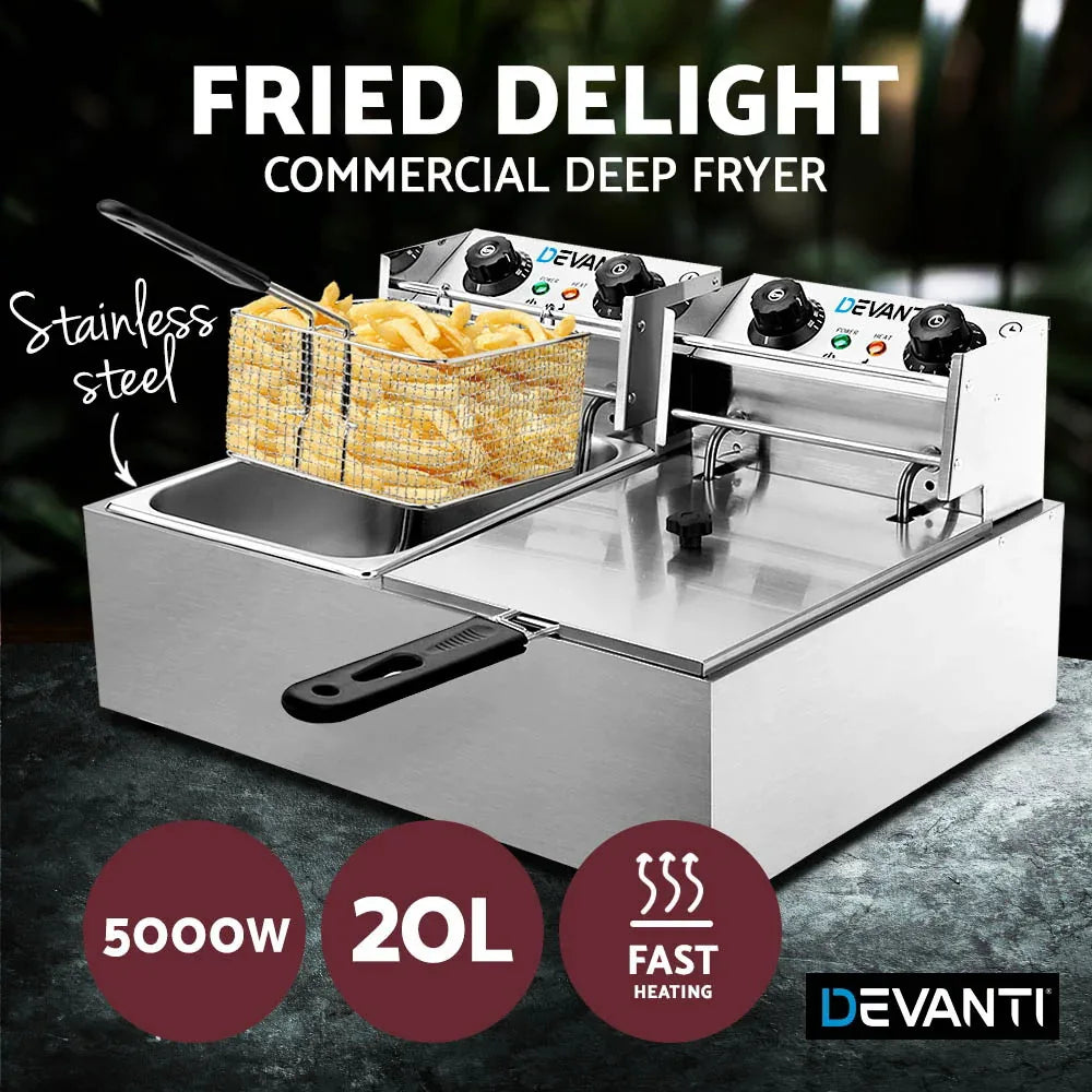 Devanti 20L Electric Commercial Deep Fryer Double Baskets 4400W - Mekamart Australia