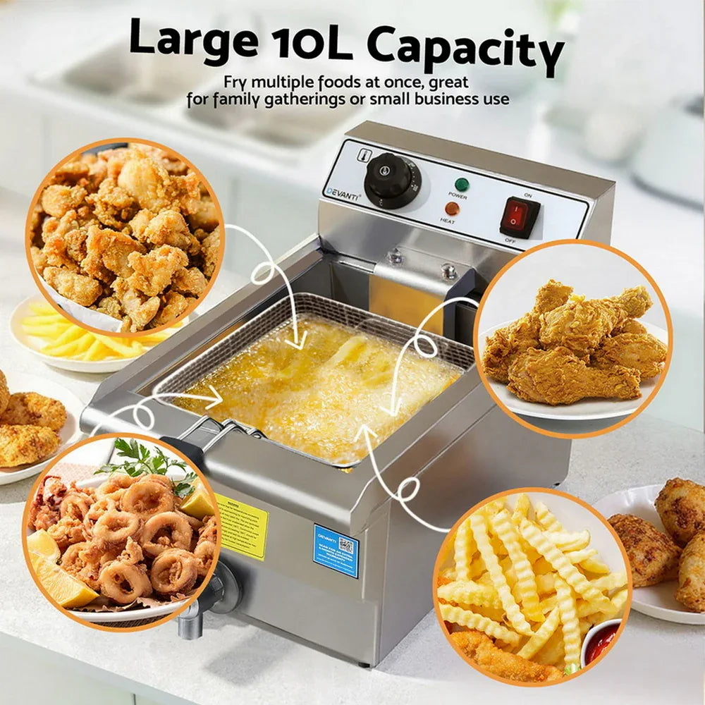 Devanti 3000W Electric Deep Fryer 10L Stainless Steel Fryer w/ Basket & Lid - Mekamart Australia