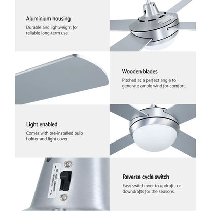 Devanti 52'' Ceiling Fan DC Motor w/Light w/Remote - Silver - Mekamart Australia