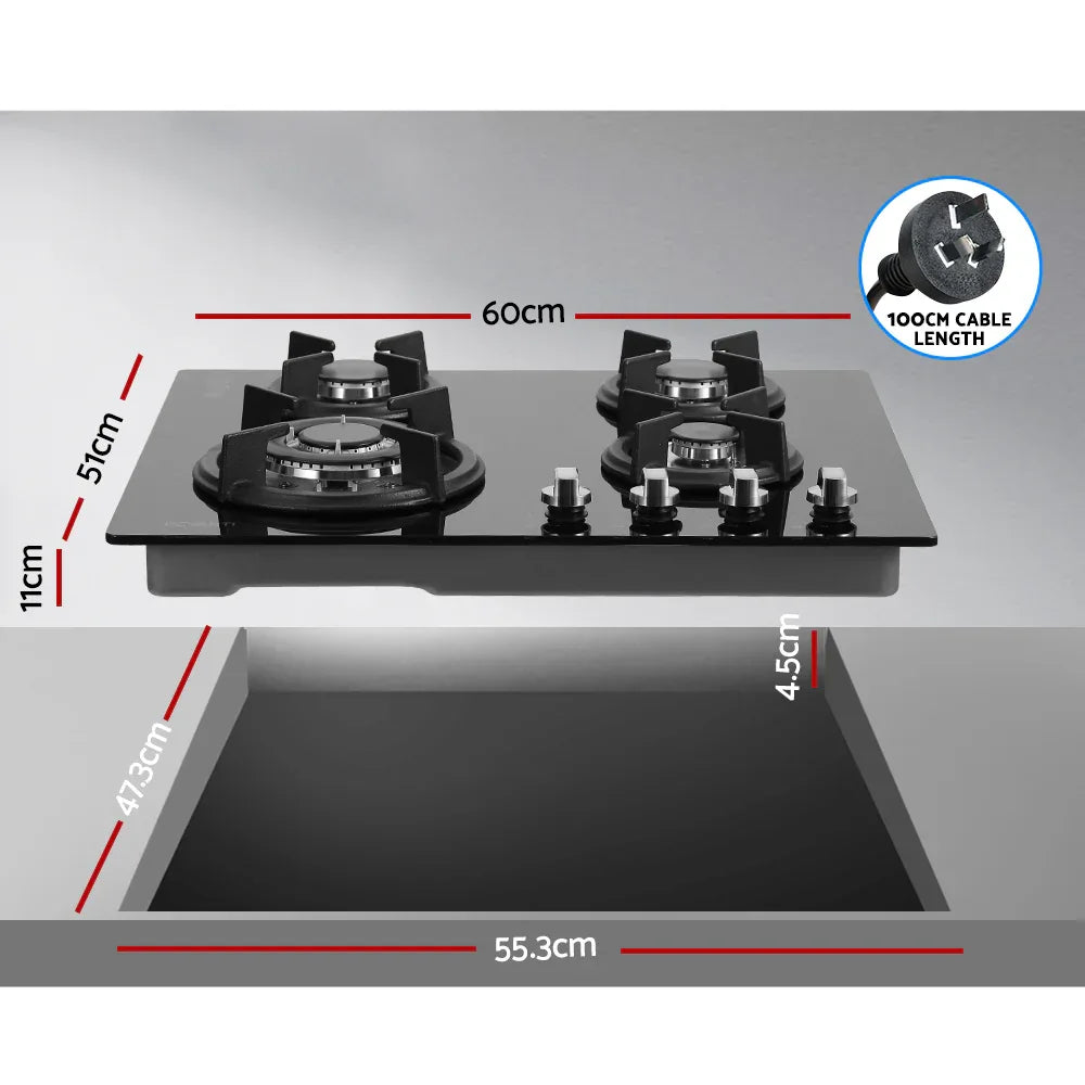 Devanti Gas Cooktop 60cm 4 Burner Black - Mekamart Australia