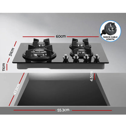 Devanti Gas Cooktop 60cm 4 Burner Black - Mekamart Australia