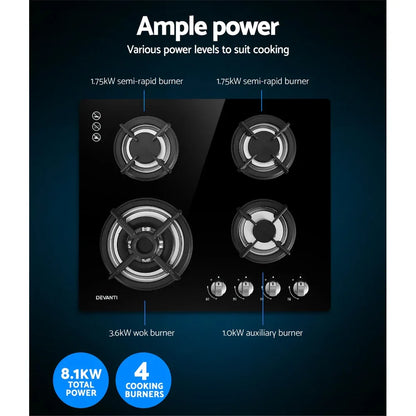 Devanti Gas Cooktop 60cm 4 Burner Black - Mekamart Australia