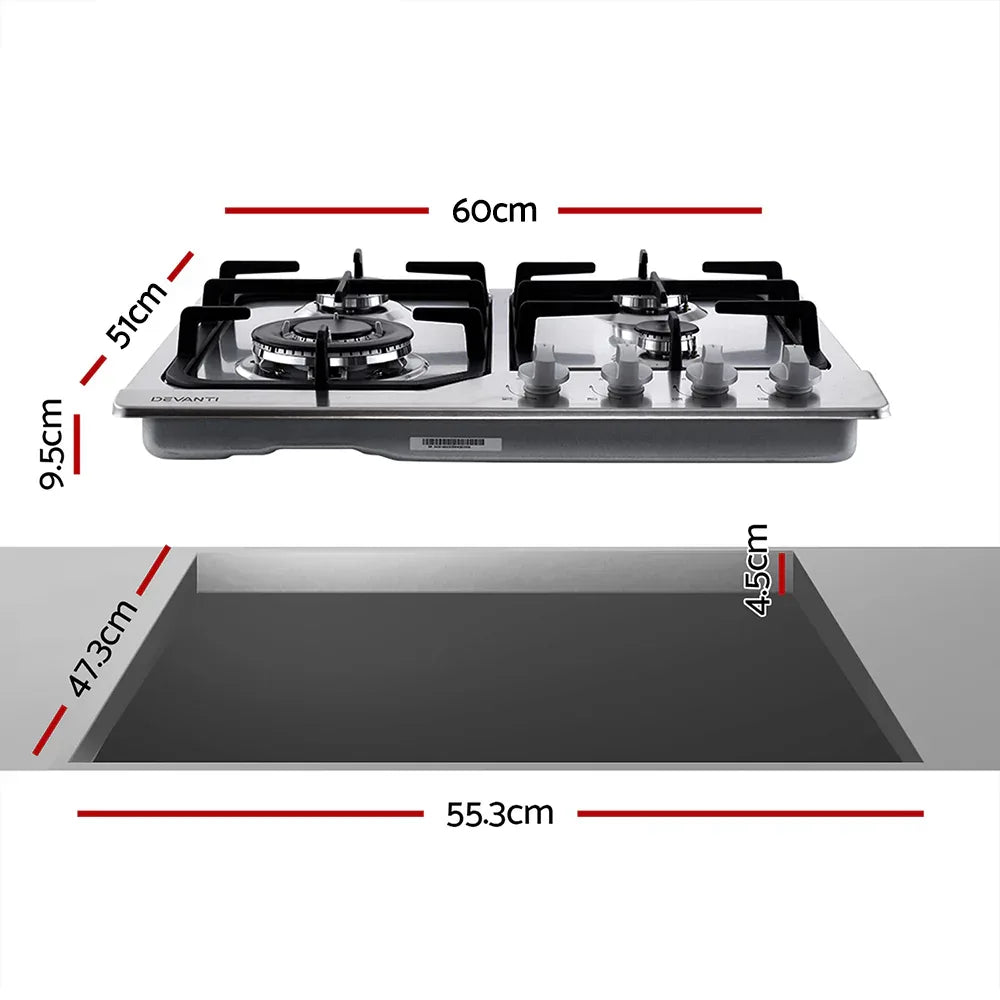 Devanti Gas Cooktop 60cm 4 Burner Silvir - Mekamart Australia
