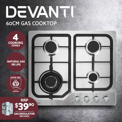 Devanti Gas Cooktop 60cm 4 Burner Silvir - Mekamart Australia