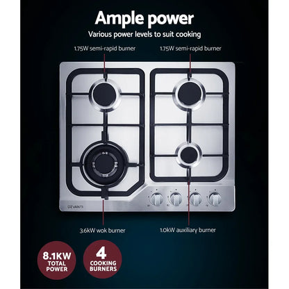 Devanti Gas Cooktop 60cm 4 Burner Silvir - Mekamart Australia