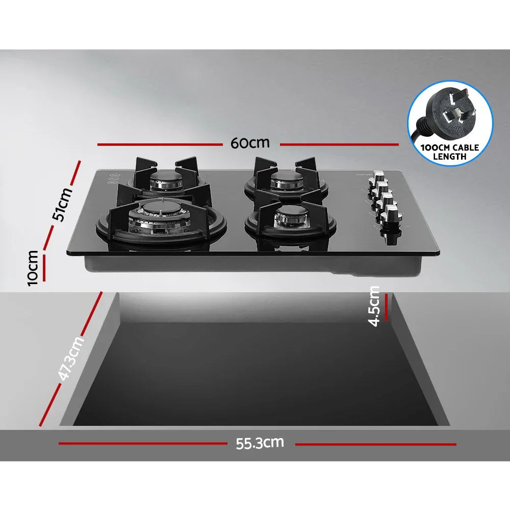 Devanti Gas Cooktop 60cm Stove Hob Black - Mekamart Australia