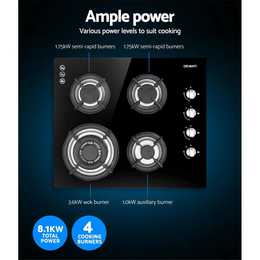 Devanti Gas Cooktop 60cm Stove Hob Black - Mekamart Australia
