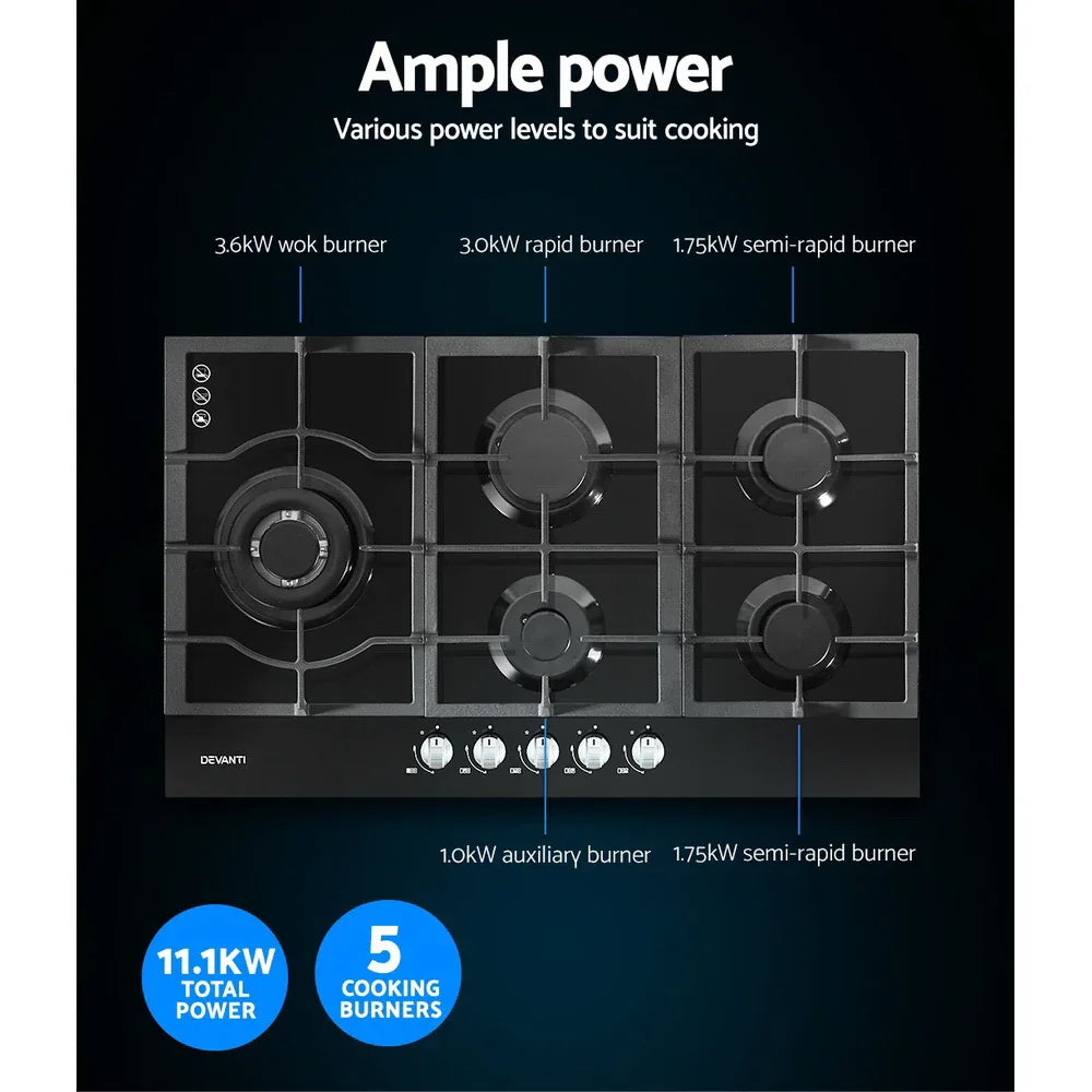 Devanti Gas Cooktop 90cm 5 Burner Black - Mekamart Australia