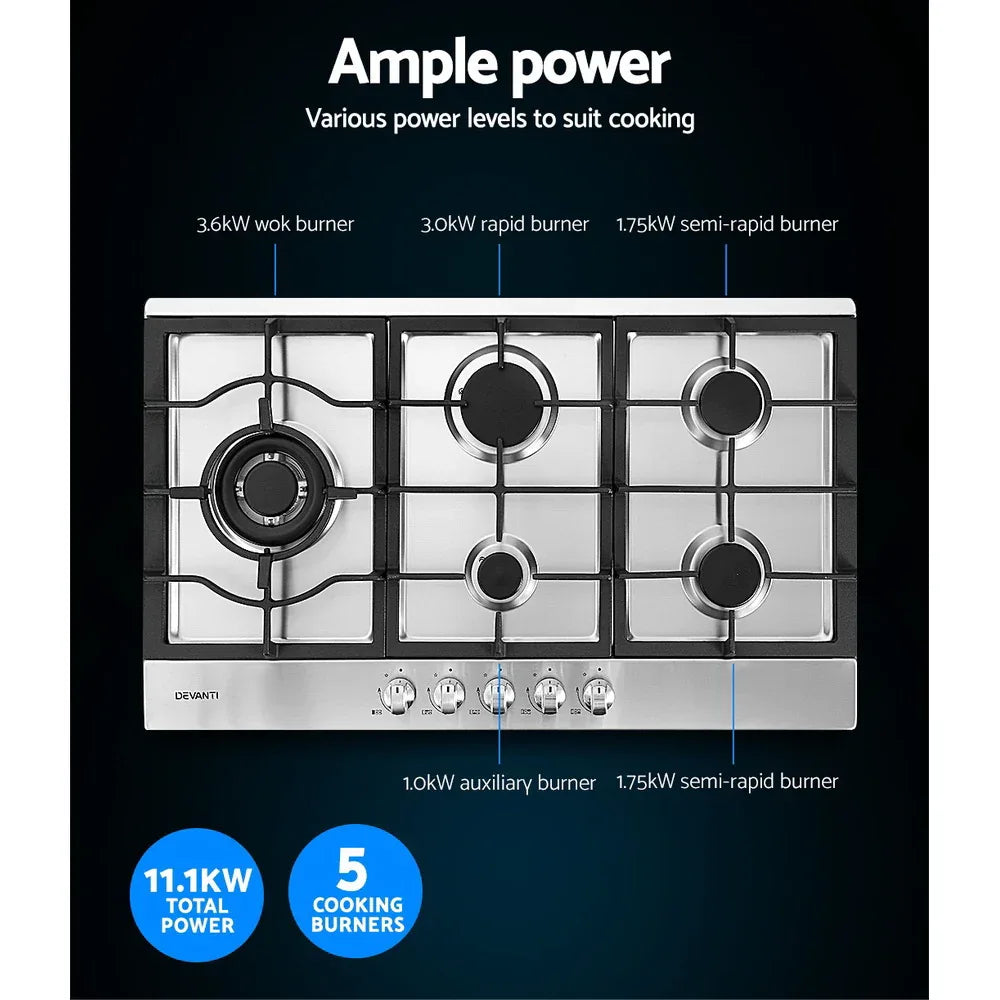Devanti Gas Cooktop 90cm 5 Burner Silvir - Mekamart Australia