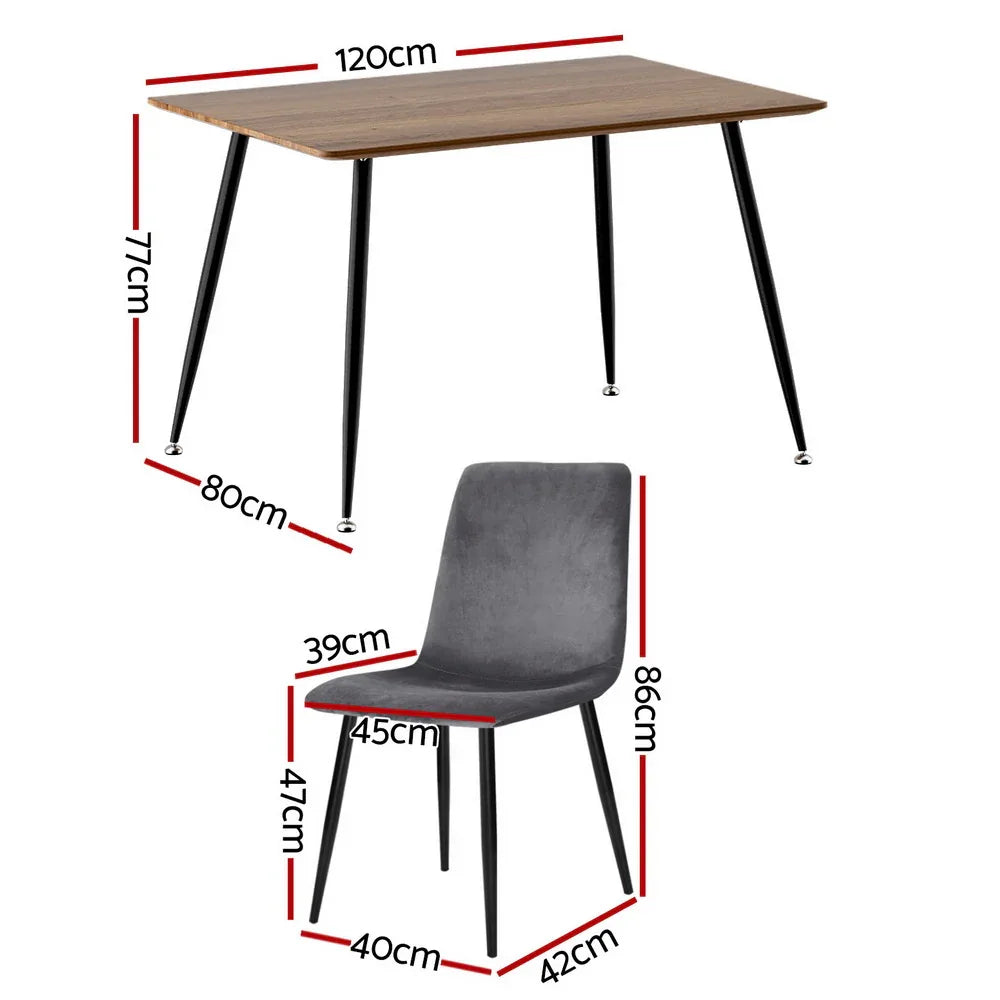 1 Artiss Dining Table and 4 Chairs Set Grey Velvet - Mekamart Australia