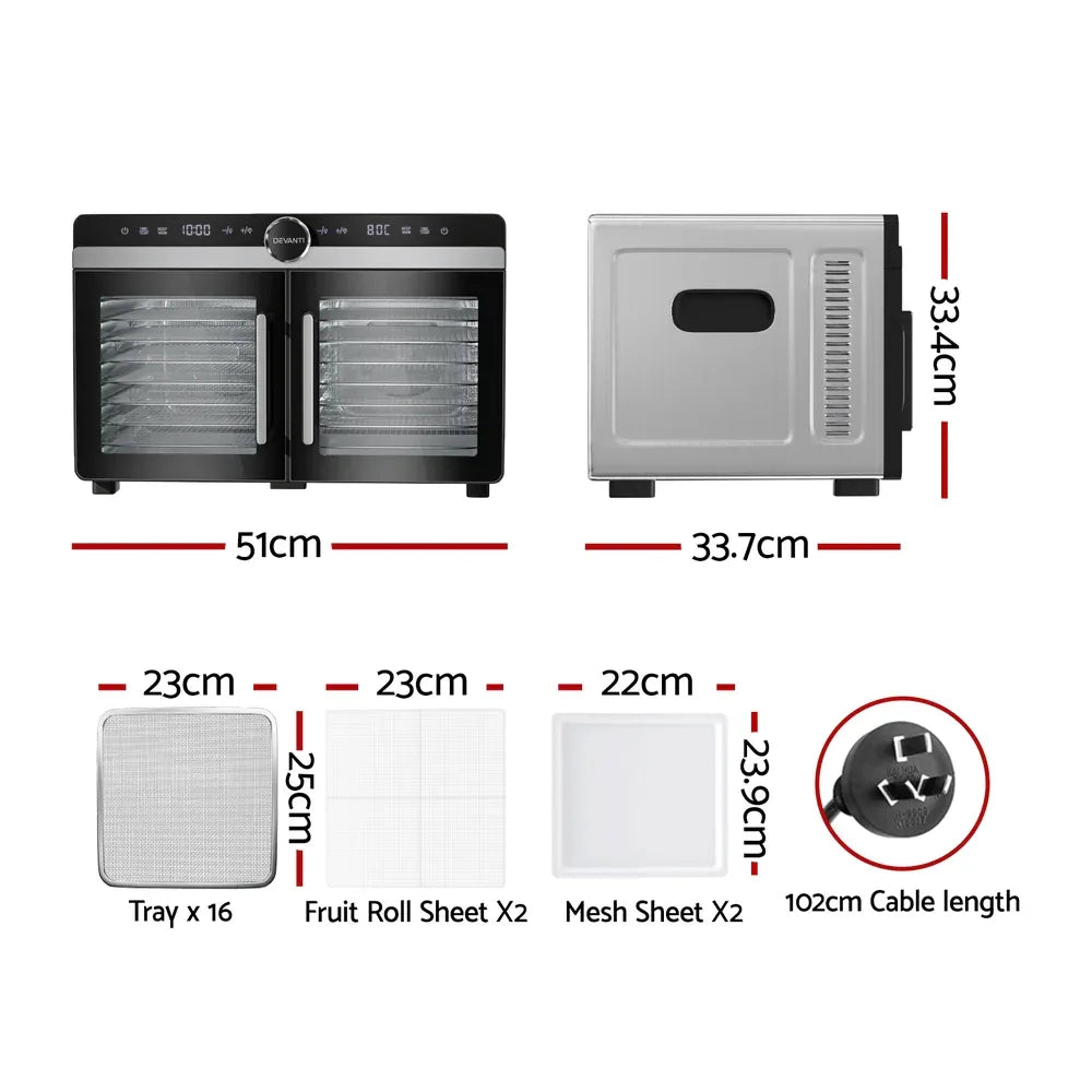Devanti 16 Trays Food Dehydrator Dual-Zone Stainless Steel - Mekamart Australia