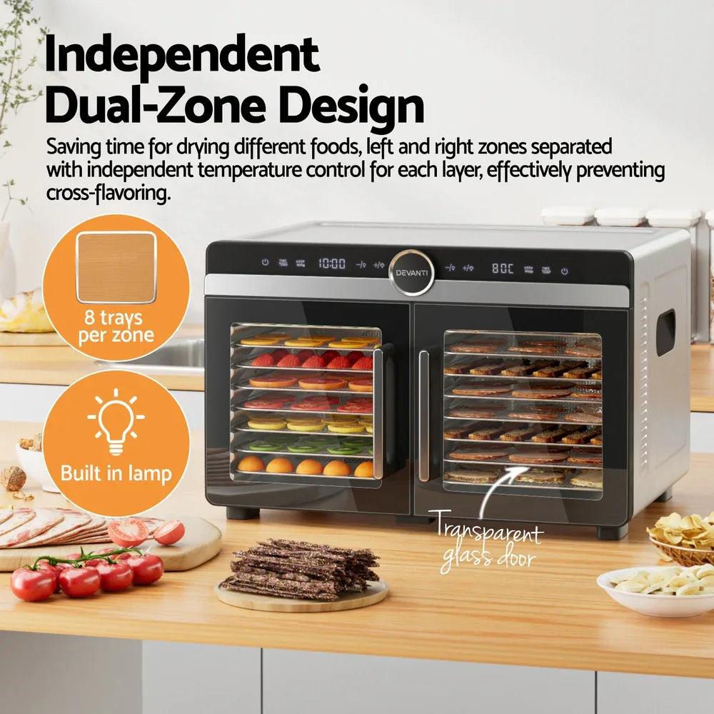 Devanti 16 Trays Food Dehydrator Dual-Zone Stainless Steel - Mekamart Australia
