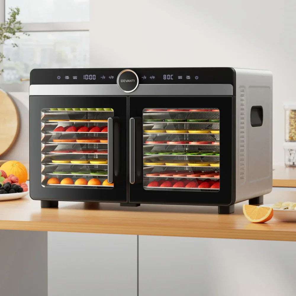 Devanti 16 Trays Food Dehydrator Dual-Zone Stainless Steel - Mekamart Australia
