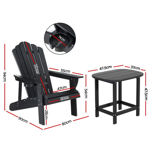 Gardeon Outdoor Table and Chairs HDPE Adirondack Beach Chair Sun Lounge Patio Furniture Garden Black - Mekamart Australia