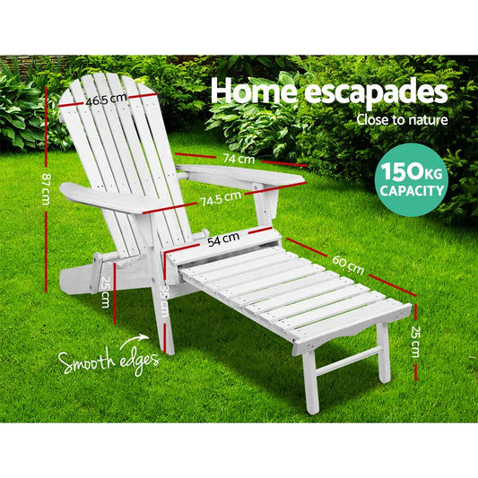 Gardeon Sun Lounge Outdoor Chairs Wooden Foldable Patio Furniture Adirondack White - Mekamart Australia