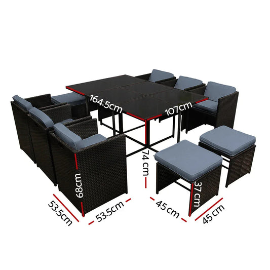 Gardeon Outdoor Dining Set 11 Piece Wicker Table Chairs Setting Black - Mekamart Australia