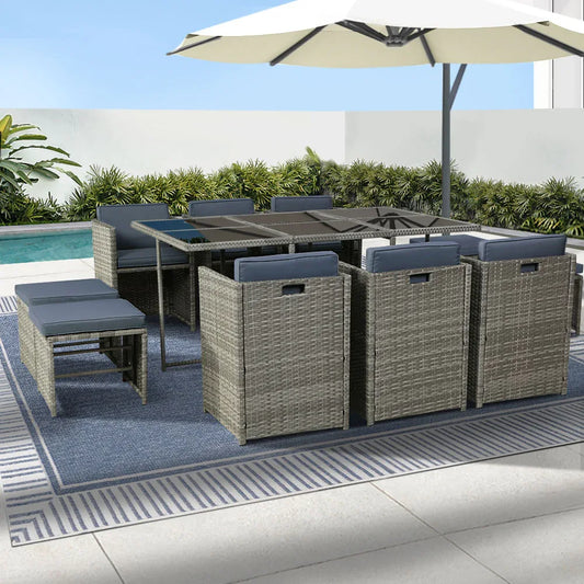 Gardeon Outdoor Dining Set 11 Piece Wicker Table Chairs Setting Grey - Mekamart Australia