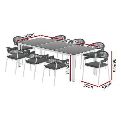 Gardeon Outdoor Dining Set 9 Piece Steel Table Chairs Setting White - Mekamart Australia
