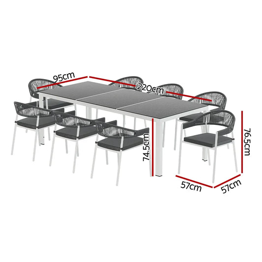 Gardeon Outdoor Dining Set 9 Piece Steel Table Chairs Setting White - Mekamart Australia