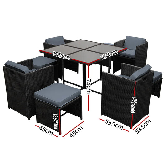 Gardeon Outdoor Dining Set 9 Piece Wicker Table Chairs Setting Black - Mekamart Australia