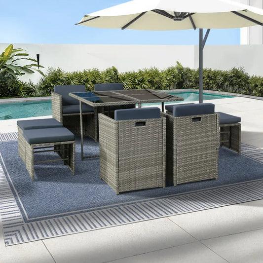 Gardeon Outdoor Dining Set 9 Piece Wicker Table Chairs Setting Grey - Mekamart Australia